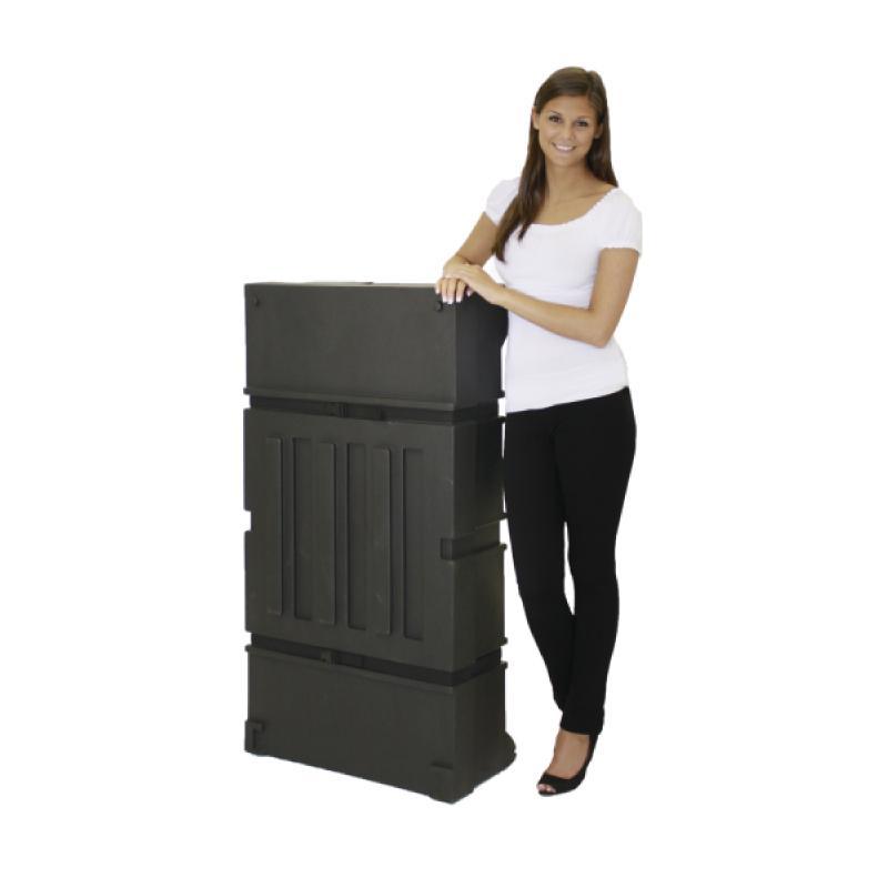 Portable trade show equipment case with handles next to woman, ideal for exhibitions and events