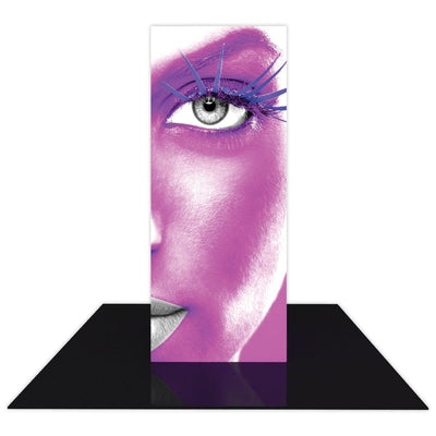 Backlit tower display with close-up face graphic for trade shows and exhibitions