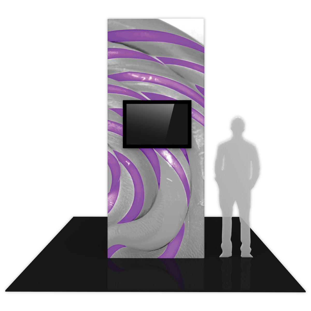 Tall monitor tower display with abstract swirling graphics for trade show and exhibition use