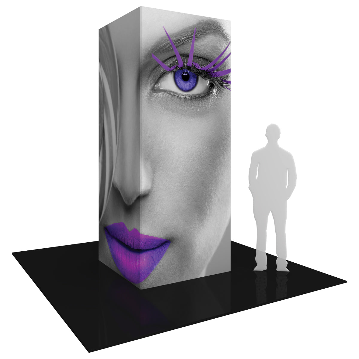 Tall rectangular trade show tower with large grayscale female face graphic and purple accent details for exhibitions