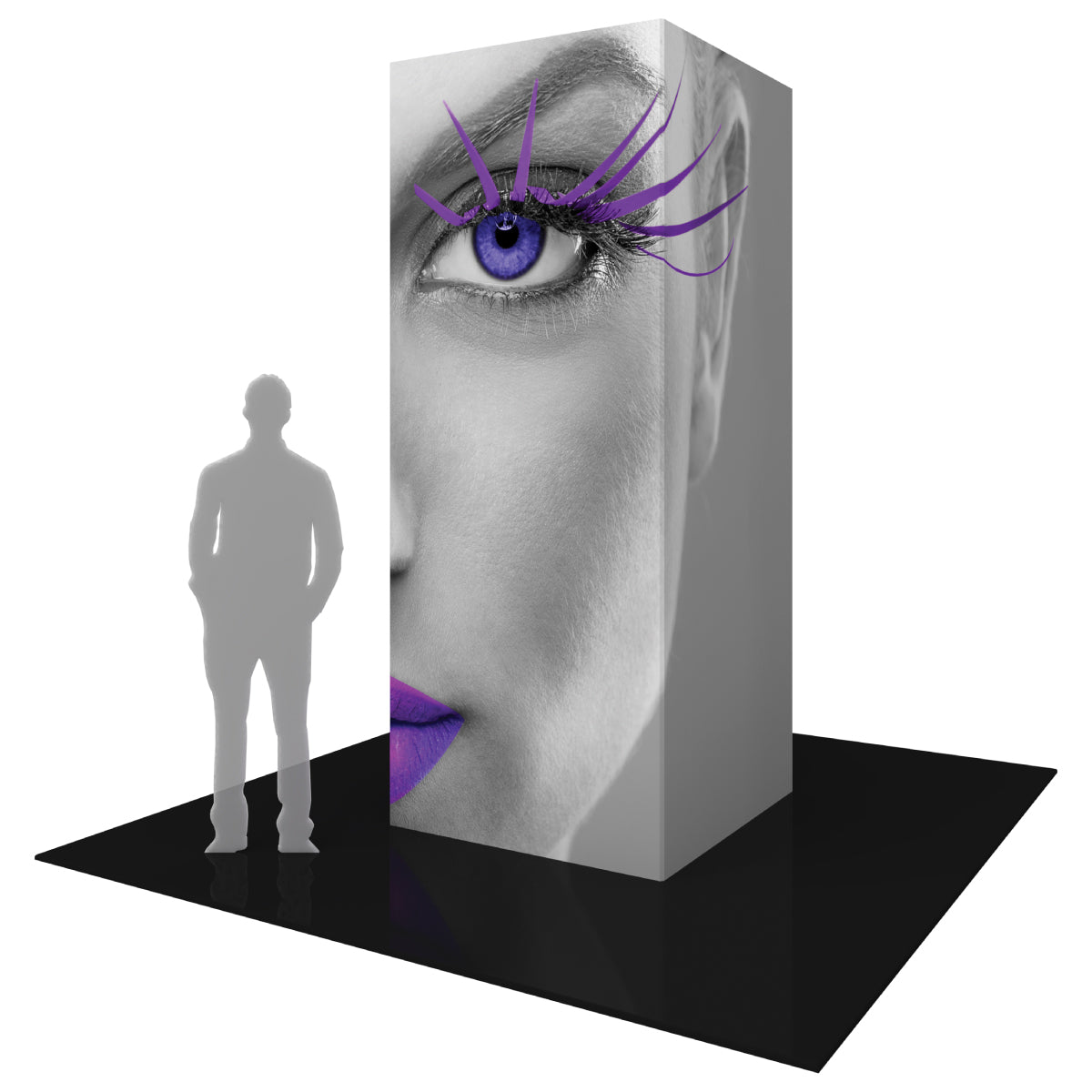 Large fabric tower display with close-up face graphic for trade shows and exhibitions