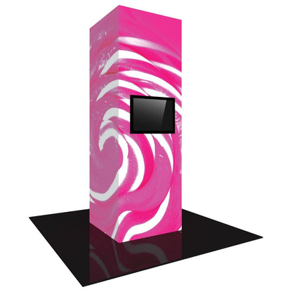 Tall trade show monitor tower with integrated screen and vibrant swirl graphics on a black floor mat