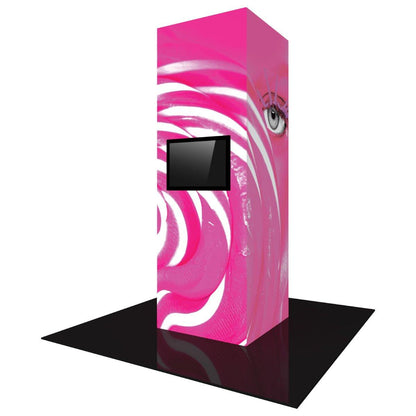 Tall backlit event tower with integrated monitor and abstract eye graphic for trade shows