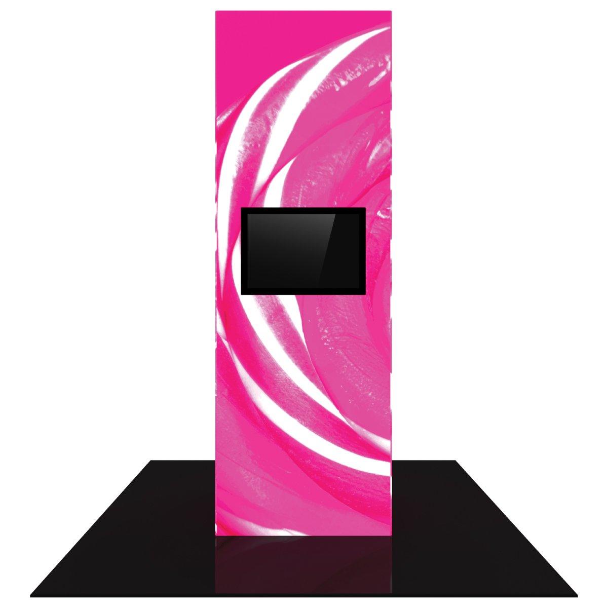 Backlit trade show monitor tower with digital screen and abstract floral graphic for exhibitions