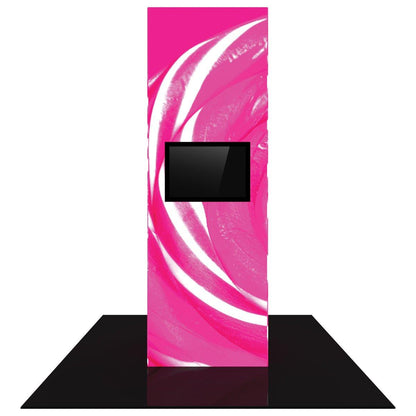 Backlit trade show monitor tower with digital screen and abstract floral graphic for exhibitions