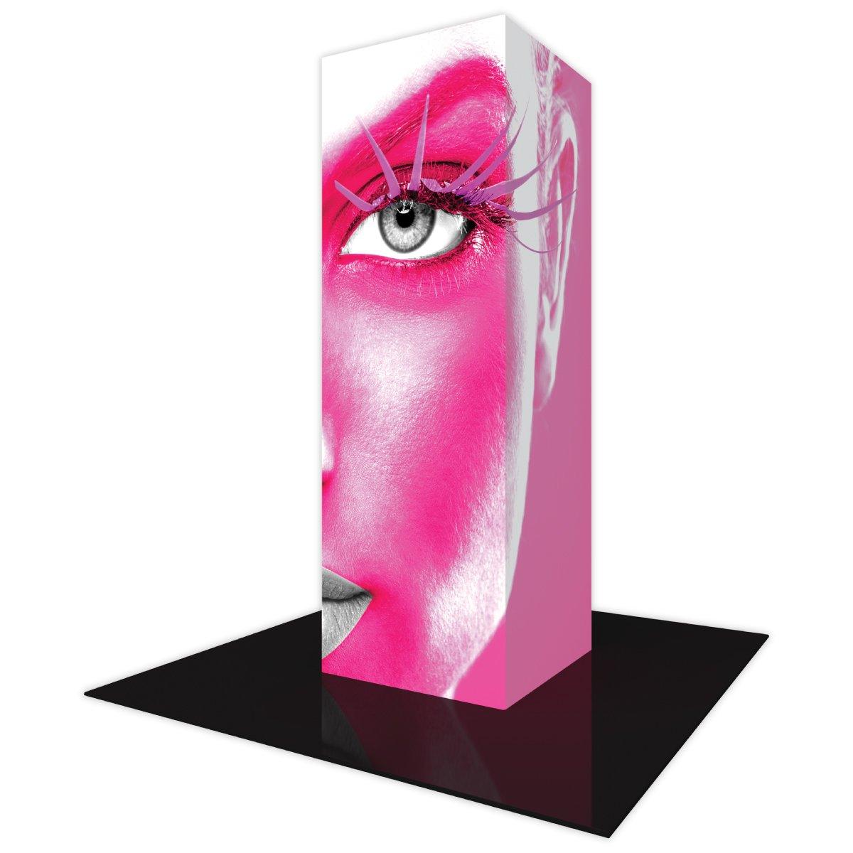 Tall backlit tower display featuring close-up of a face with stylized eyelashes for trade shows and events