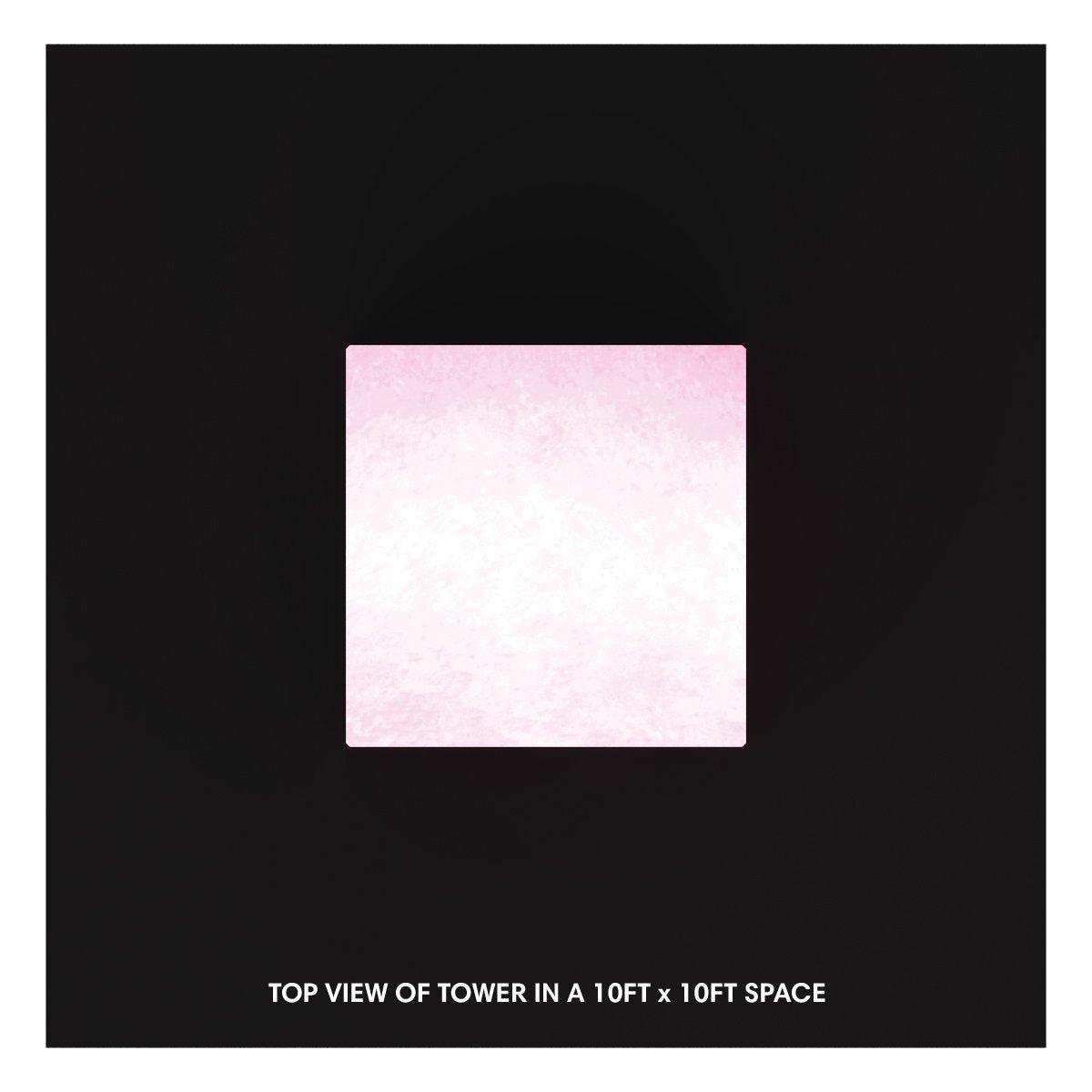 Top view of an illuminated tower display designed for trade shows and exhibition booths in a 10x10 ft space