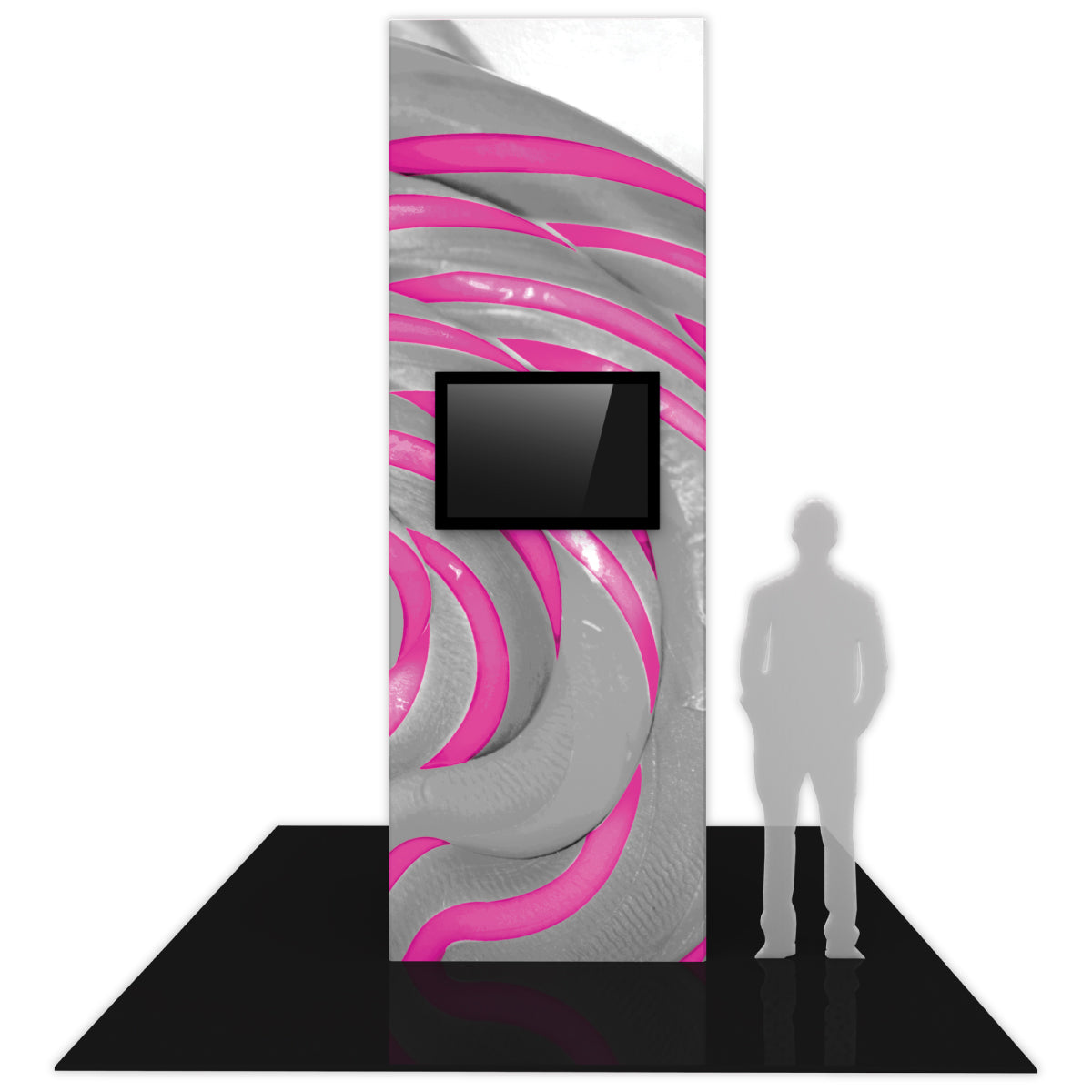 Freestanding trade show monitor tower with graphic backdrop and mounted flat screen for exhibitions