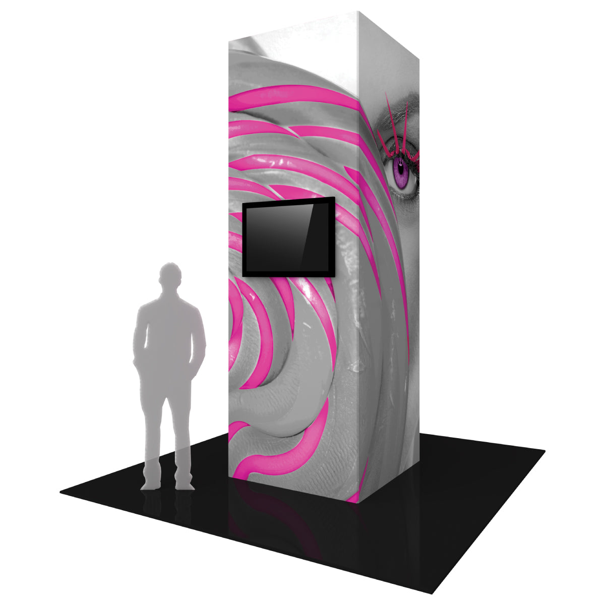 Tall tower display with integrated monitor featuring artistic face graphics for trade shows and exhibitions
