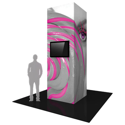 Tall tower display with integrated monitor featuring artistic face graphics for trade shows and exhibitions