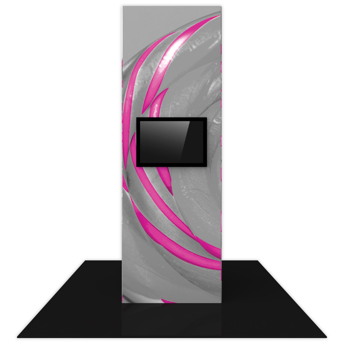 Tower exhibit display with mounted monitor and abstract floral graphic for trade shows and events