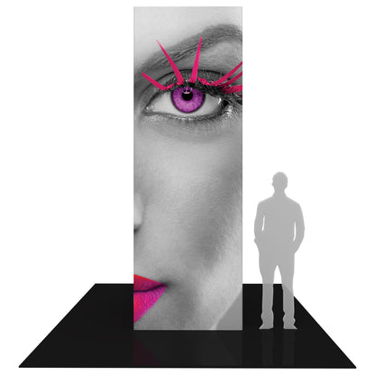 Tall rectangular trade show tower featuring close-up image of woman's eye and lips with vivid makeup