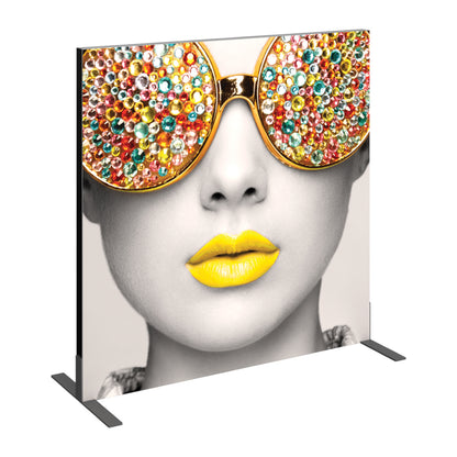 Exhibition trade show display featuring close-up portrait with embellished sunglasses and bold lips