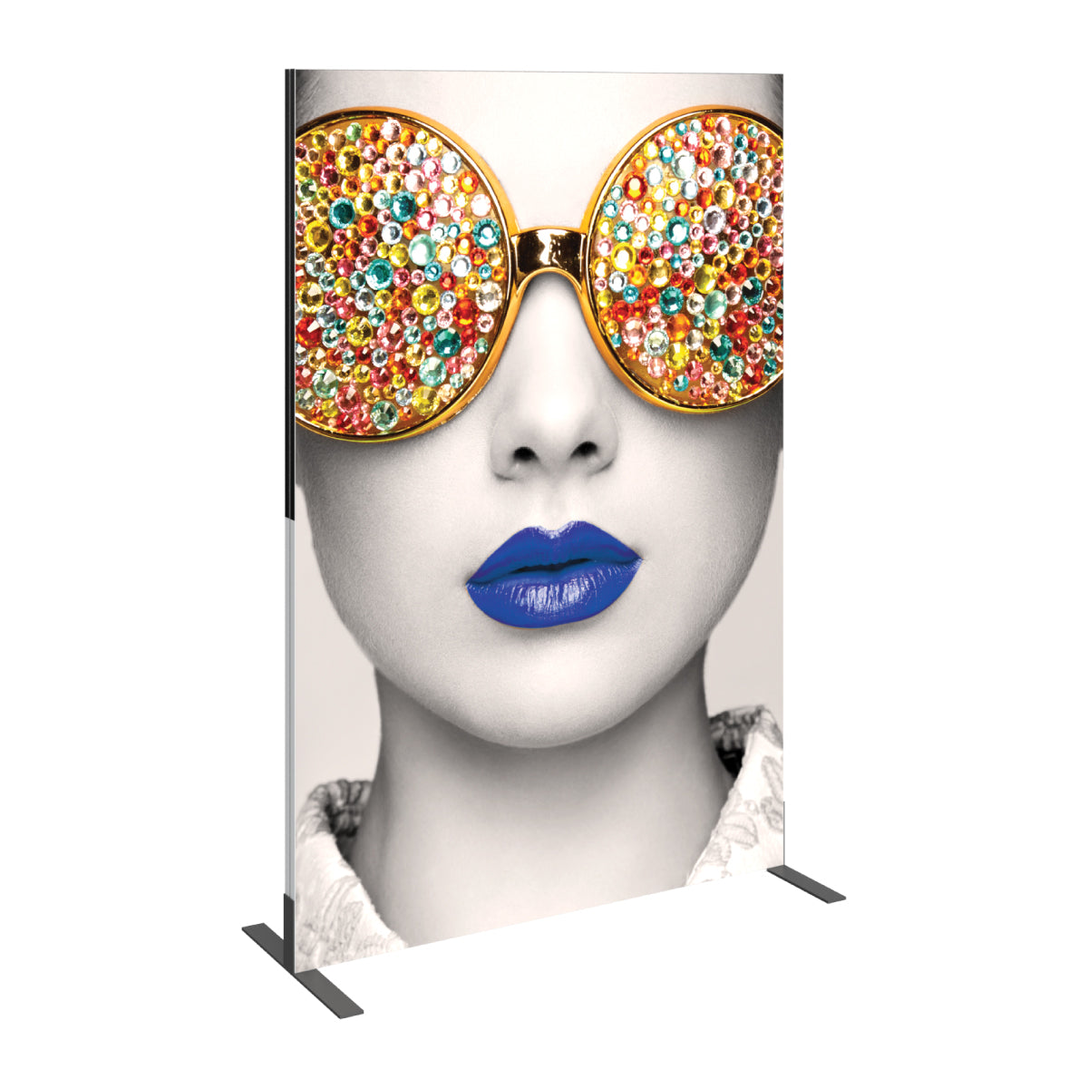 Large freestanding trade show display with artistic face featuring oversized jeweled sunglasses and bold lips