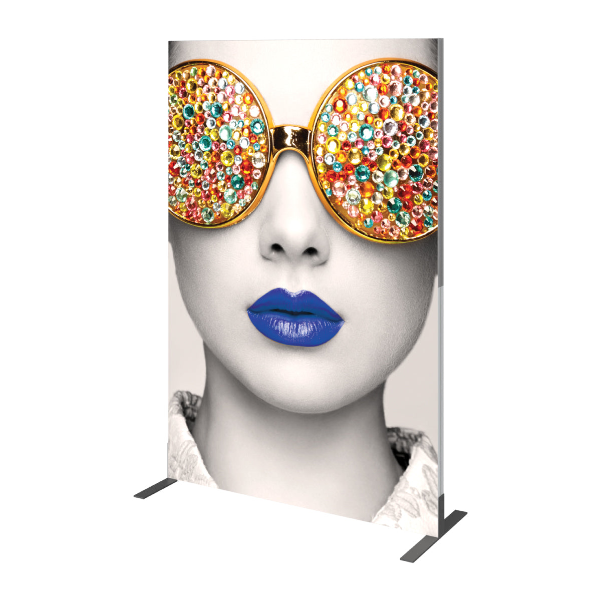 Trade show display featuring a close-up artistic portrait with large decorative glasses and bold lips
