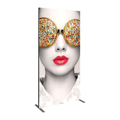 Rectangular trade show display with high-resolution print of woman's face wearing embellished sunglasses and red lipstick