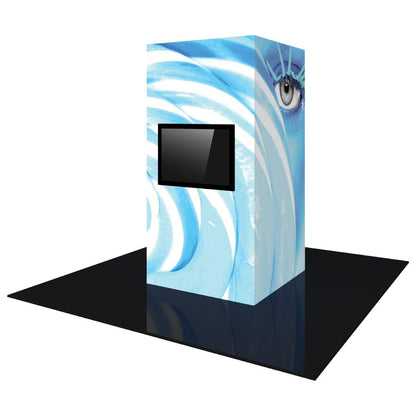 Backlit monitor tower trade show display with large eye graphic and swirling design