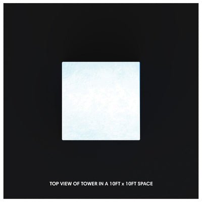 Top view of a modular tower display setup for trade shows in a 10ft by 10ft exhibition space