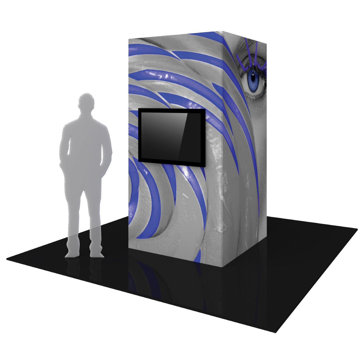 Trade show monitor tower with large graphic display and mounted screen for exhibitions