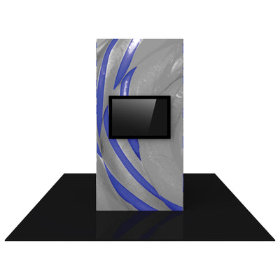 Trade show monitor tower with graphic display and mounted screen on exhibition floor