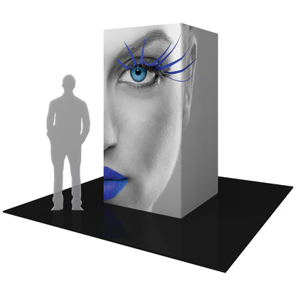 Large trade show tower display featuring a striking face graphic with detailed eye makeup and lips