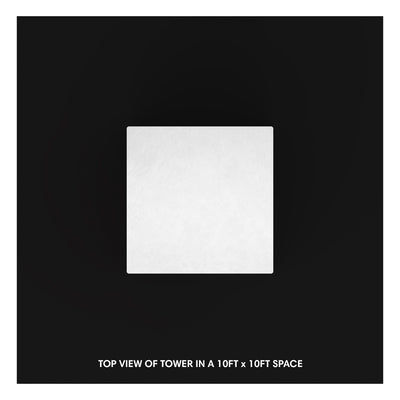 Top view of a tower display setup in a 10ft by 10ft space for trade shows and exhibitions