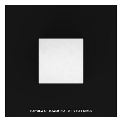 Top view of a tower display setup in a 10ft by 10ft space for trade shows and exhibitions