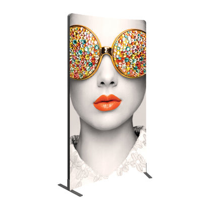 Standing promotional display banner featuring artistic portrait for trade shows, exhibitions, and events