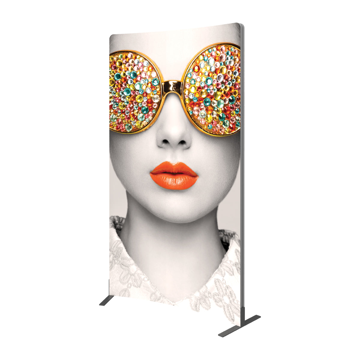 Tall fabric display with artistic female portrait, perfect for trade shows and exhibitions