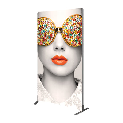 Tall fabric display with artistic female portrait, perfect for trade shows and exhibitions