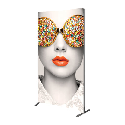 Tall fabric display with artistic female portrait, perfect for trade shows and exhibitions