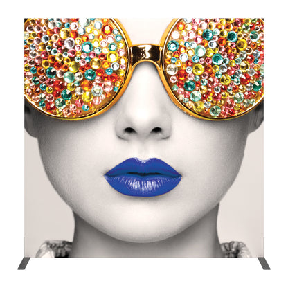 Close-up of glossy lips and embellished oversized sunglasses in stylish backdrop for trade shows and exhibitions