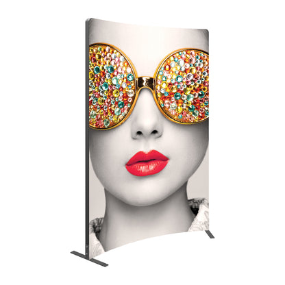 Curved trade show display featuring close-up of woman wearing embellished oversized sunglasses for exhibitions and events