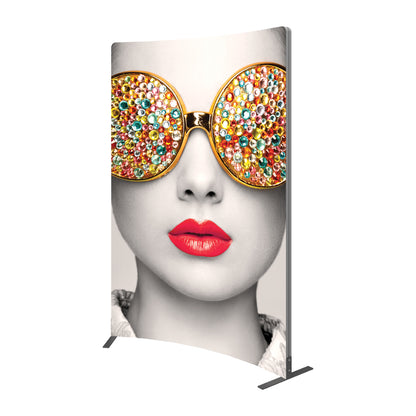 Curved trade show display featuring close-up portrait with embellished sunglasses and red lips
