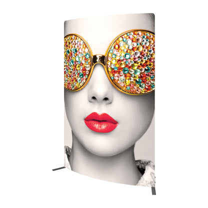 Curved trade show display featuring close-up of face with embellished sunglasses and bright lips for exhibition booth