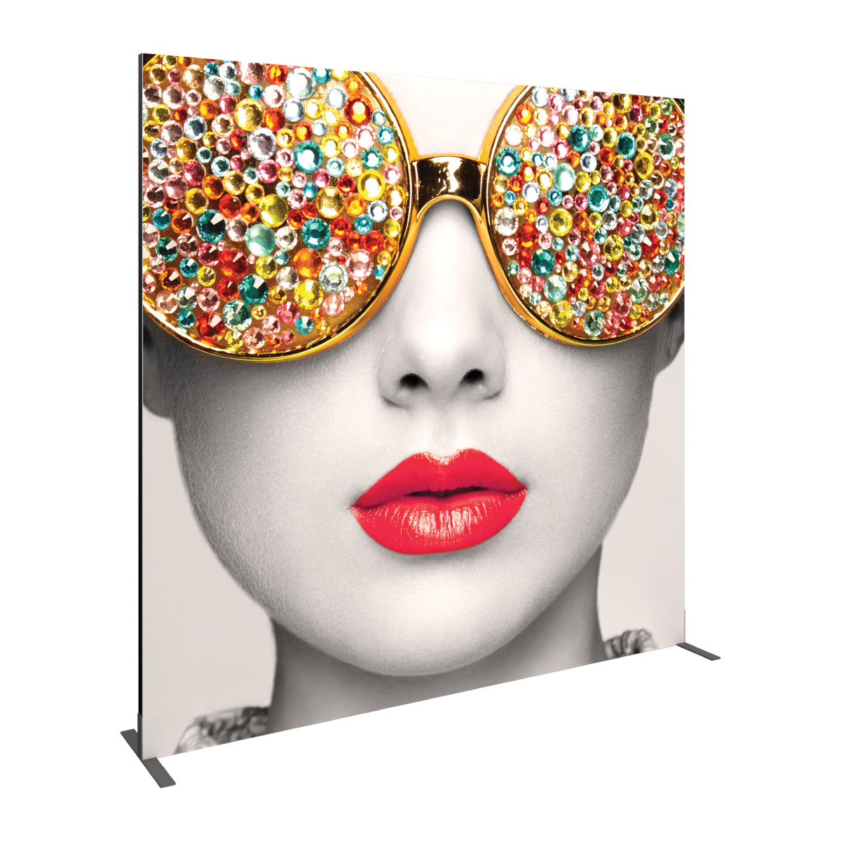 Trade show display featuring close-up portrait with jeweled sunglasses and vibrant lips for exhibitions