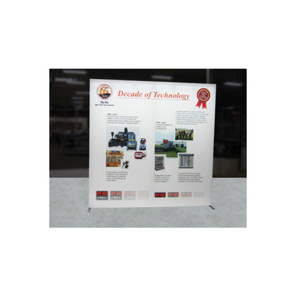 Trade show display panel highlighting a decade of technology with product images and branding for exhibitions