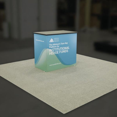 Trade show counter with branding for institutional hedge funds platform, ideal for exhibitions and events