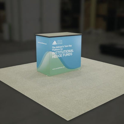 Trade show counter with branding for institutional hedge funds platform, ideal for exhibitions and events