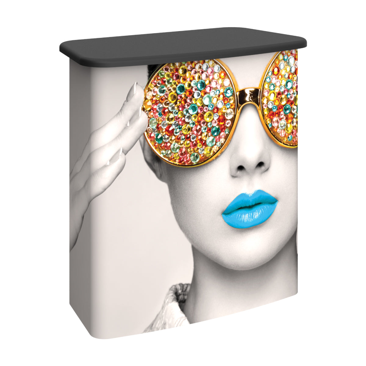 portable trade show counter with graphic of woman wearing large decorative glasses and bold lipstick