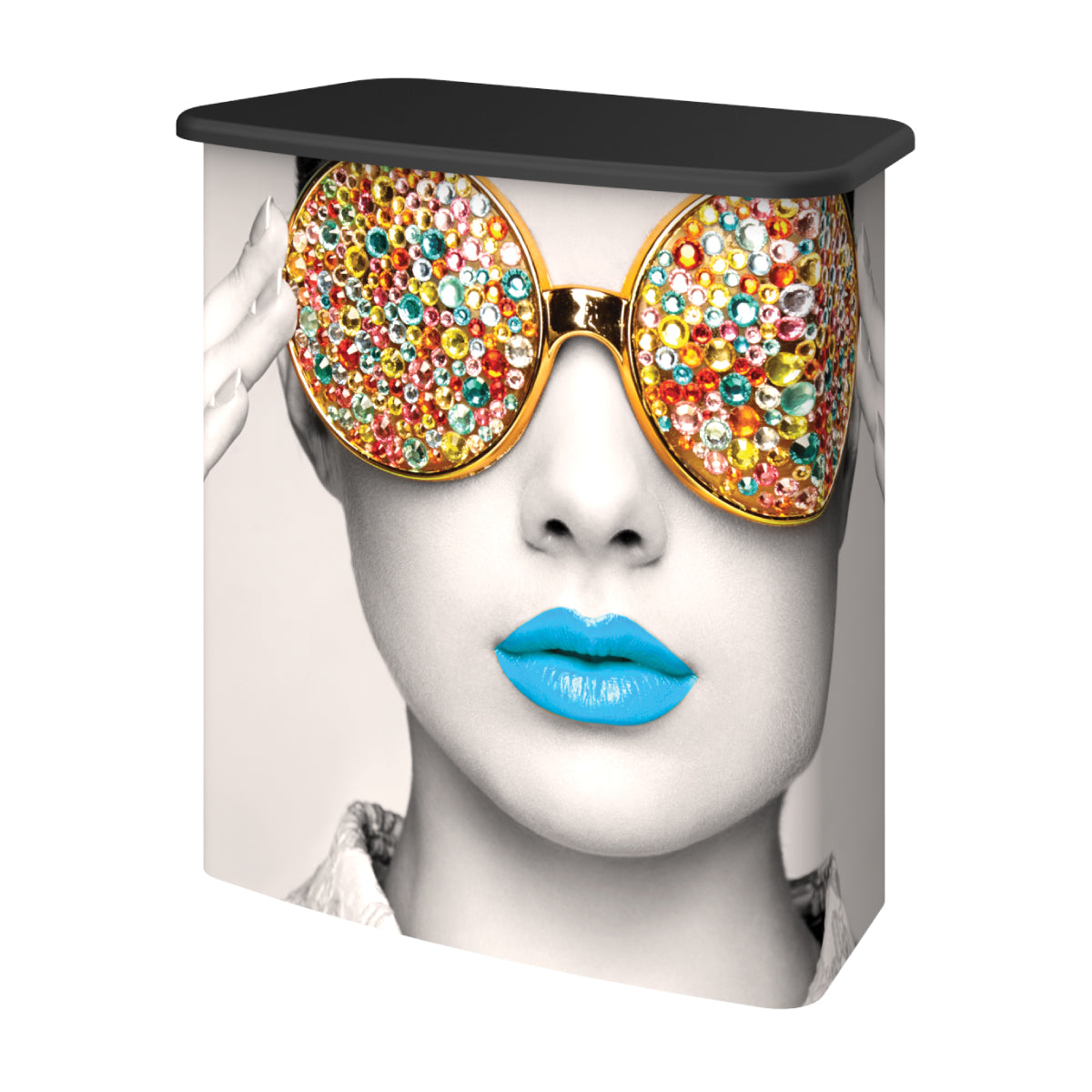 Trade show counter with printed wrap featuring a stylish woman wearing jewel-encrusted sunglasses and bold lips