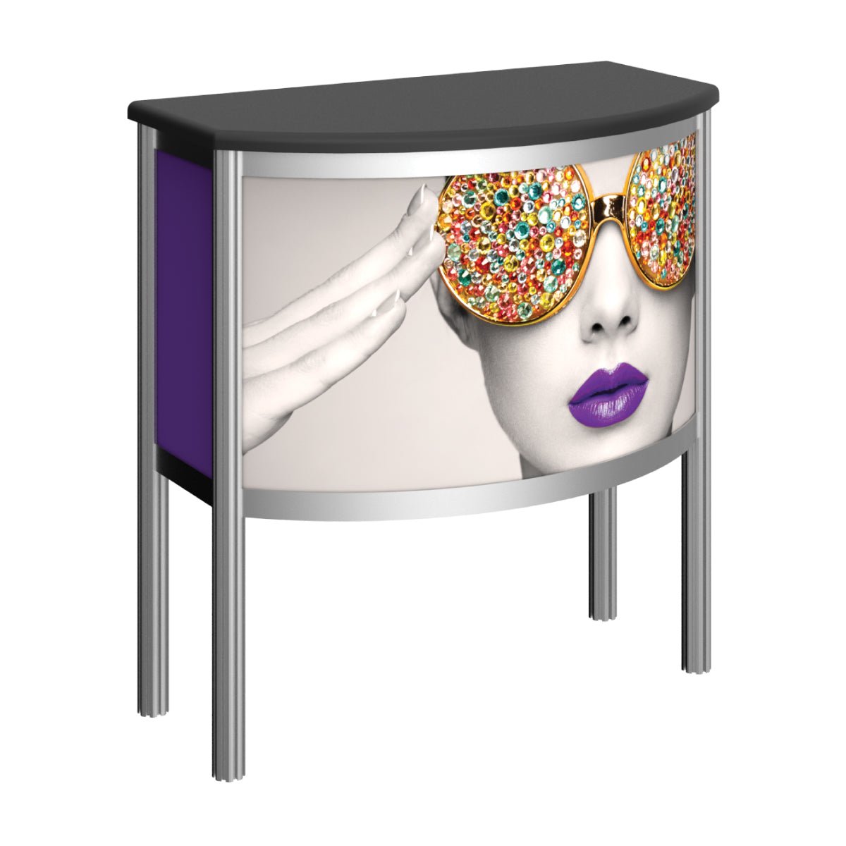 Curved promotional counter with graphic of woman wearing jewel-studded sunglasses for trade shows and exhibitions