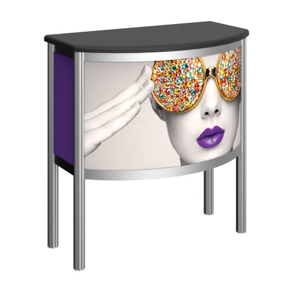 Curved promotional counter with graphic of woman wearing jewel-studded sunglasses for trade shows and exhibitions