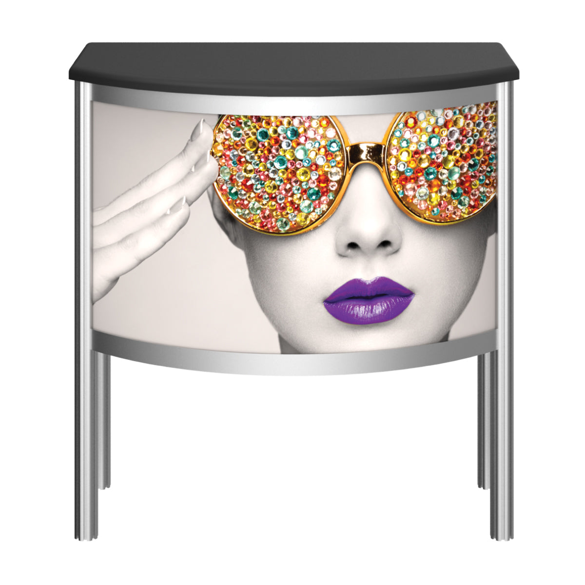 Curved trade show counter with graphic of woman wearing oversized jeweled sunglasses and purple lips