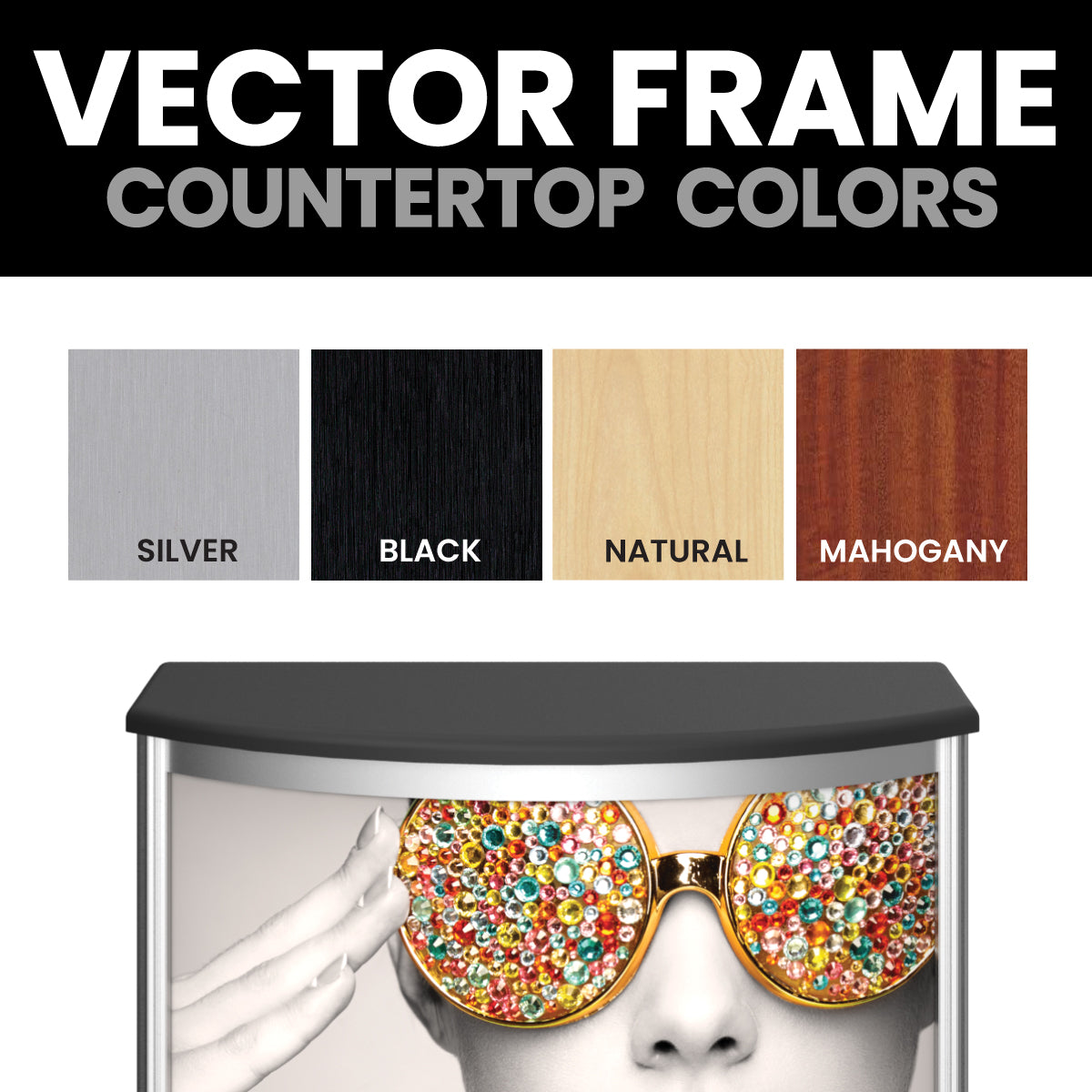 Trade show vector frame with countertop color options including metallic, black, natural wood, and mahogany finishes