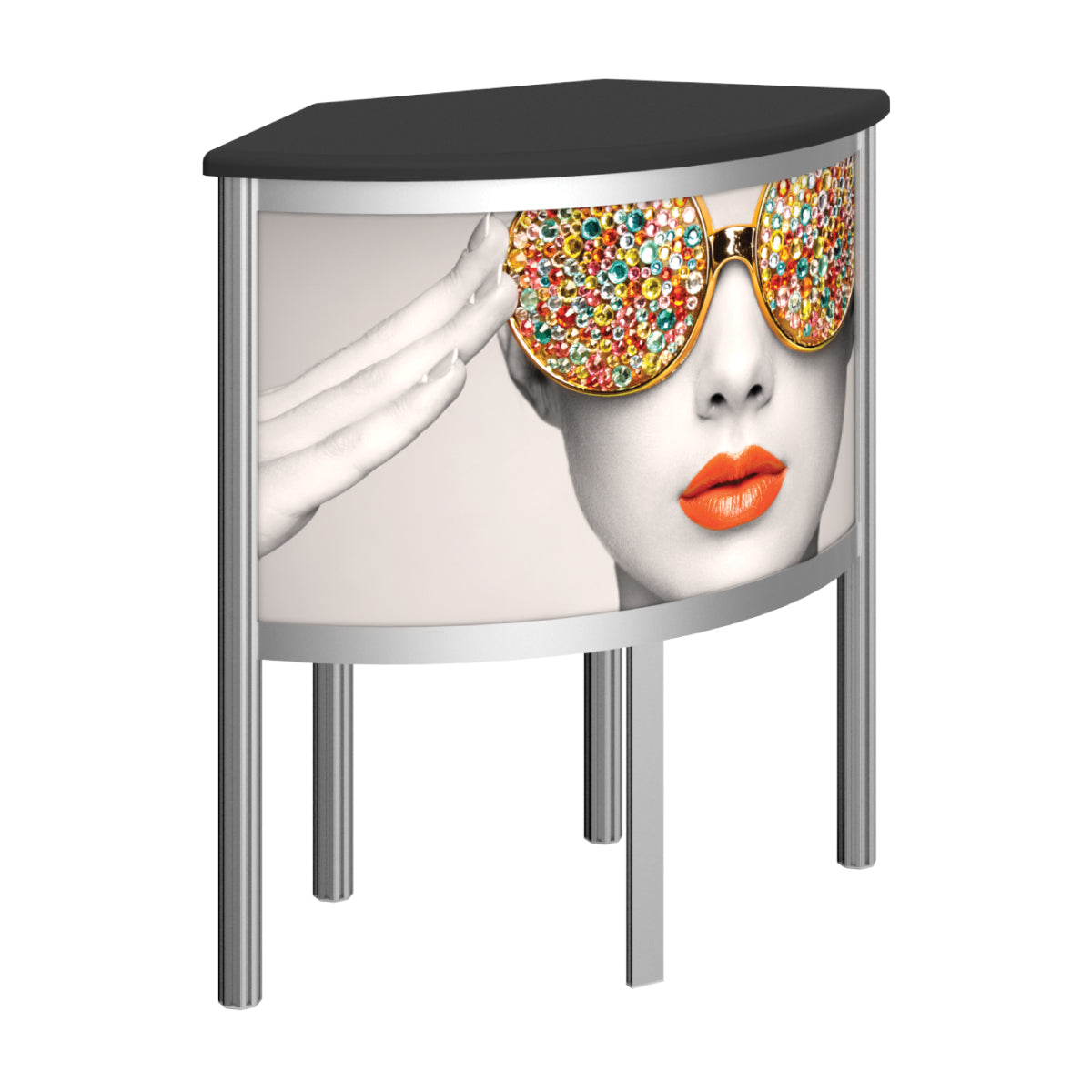 Curved trade show counter with artistic woman graphic wearing jeweled sunglasses for exhibitions