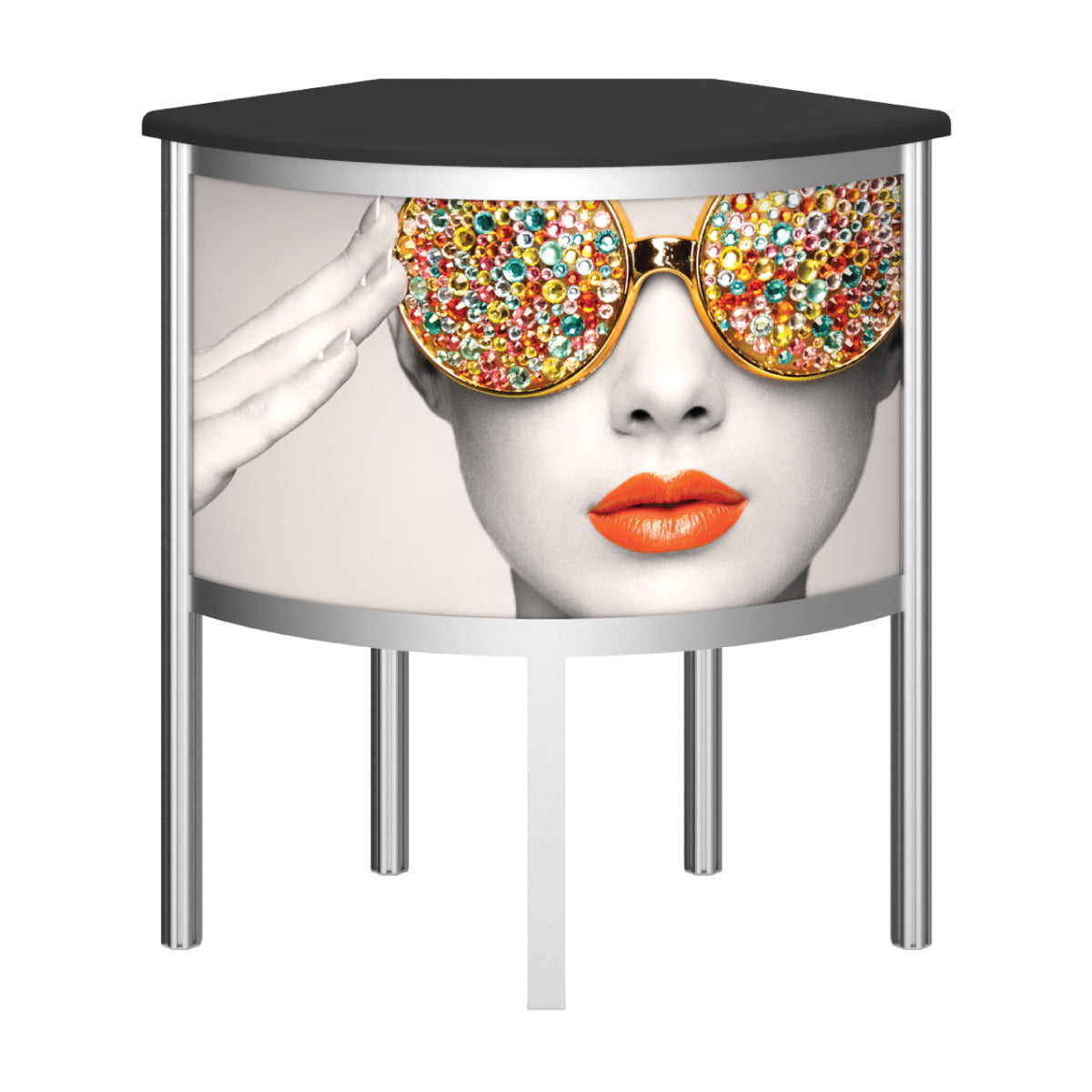 Round promotional counter with graphic of woman wearing embellished sunglasses and bright lips for trade shows