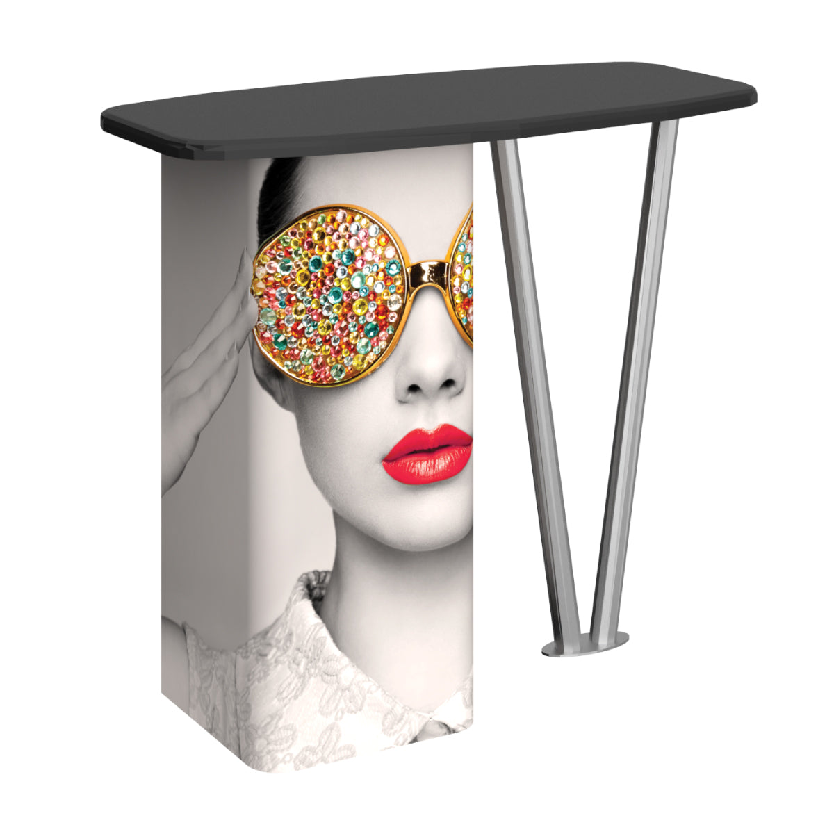 Trade show counter with artistic graphic of a woman wearing embellished sunglasses and red lipstick