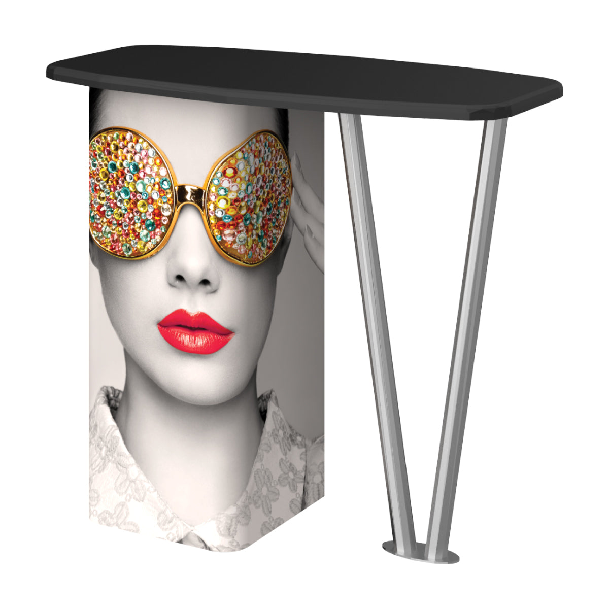 Trade show counter featuring graphic of woman wearing embellished glasses, ideal for exhibitions and events