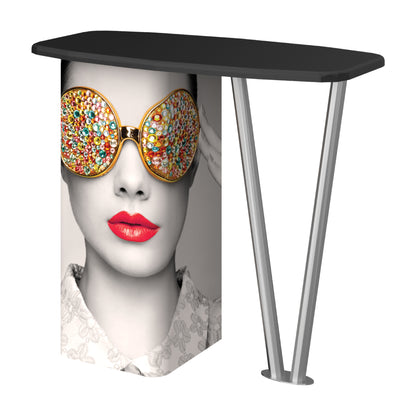 Trade show counter featuring graphic of woman wearing embellished glasses, ideal for exhibitions and events